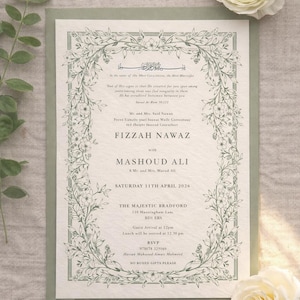 May include: Elegant wedding invitation with a floral border and text. The invitation features the names FIZZAH NAWAZ and MASHOUD ALI, with the date Saturday 11th April 2026. The invitation is surrounded by white flowers and greenery.