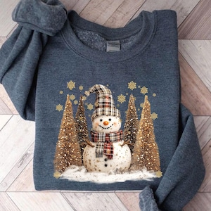 Plaid Snowman PNG - Winter Christmas Snowman with Trees and Snowflakes Digital Design