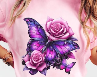 Purple Butterfly with Roses PNG Digital Download | High-Quality Sublimation Design for T-Shirts, Mugs, Crafts, and DIY Projects
