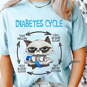 May include: A light blue t-shirt with the text "DIABETES CYCLE" and a cartoon illustration of a grumpy cat. The illustration shows the cat in a cycle of high blood sugar, taking insulin, low blood sugar, and eating the entire kitchen.