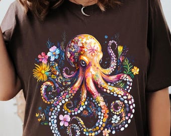 Bloemenoctopus PNG: levendige digitale download voor knutselprojecten, aangepaste ontwerpen en kunst met oceaanthema