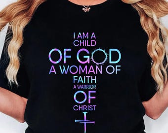 Child of God PNG - Woman of Faith, Warrior of Christ Cross Design - Christian Inspirational Quote Clipart for T-Shirts, Mugs, Posters