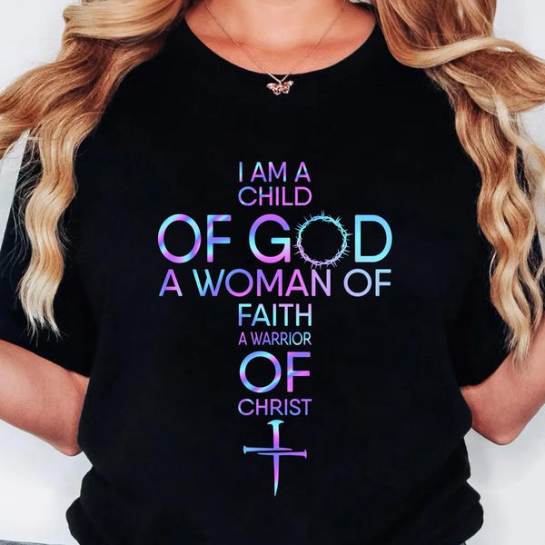 Child of God PNG - Woman of Faith, Warrior of Christ Cross Design - Christian Inspirational Quote Clipart for T-Shirts, Mugs, Posters