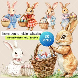 30 Coelhinho da Páscoa segurando uma cesta aquarela clipart, imagem vetorial, clipart PNG, fundo branco, altamente detalhado limpo, imagem vetorial