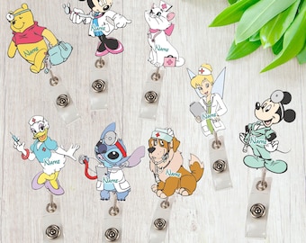 Personalized Disney Nurse Mickey Minnie Stitch Pooh Badge Reel, Retractable ID Badge Holder, Gift For Nurse, Custom Princess Badge Reel