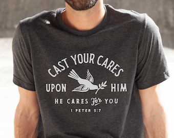 Cast Your Cares Mens Shirt | Mens Christian Shirt, Mens Christian Gifts, Dad Gifts, Cool Christian Shirts for Men, Bible Believer Shirts