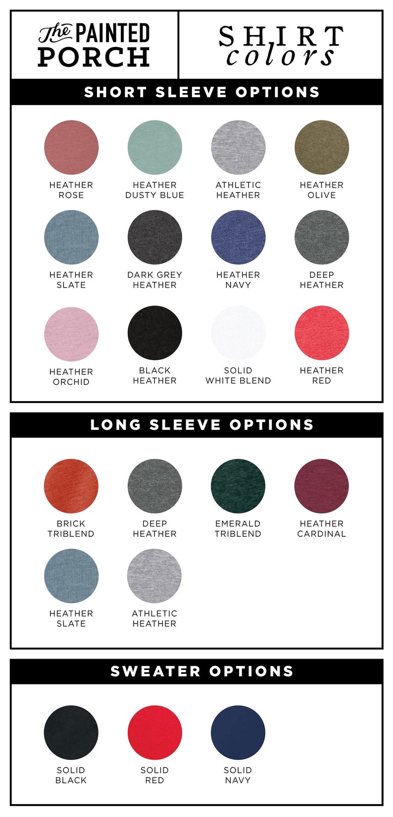 Pode incluir: Um gr&aacute;fico que mostra diferentes op&ccedil;&otilde;es de cores para camisas de manga curta e comprida e su&eacute;teres. O gr&aacute;fico inclui cores como rosa mesclado, azul poeirento, mesclado atl&eacute;tico, oliva, ard&oacute;sia, mesclado cinza escuro, azul marinho, mesclado profundo, orqu&iacute;dea, mesclado preto, mistura branca, vermelho, mesclado tijolo, mesclado esmeralda, cardeal, e preto s&oacute;lido, vermelho e azul marinho.