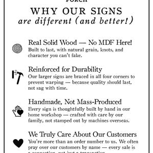 text and logos that describe the reasons for the differences in the signs, such as real solid wood, reinforced durability, handmade craftsmanship, and a focus on customer care.