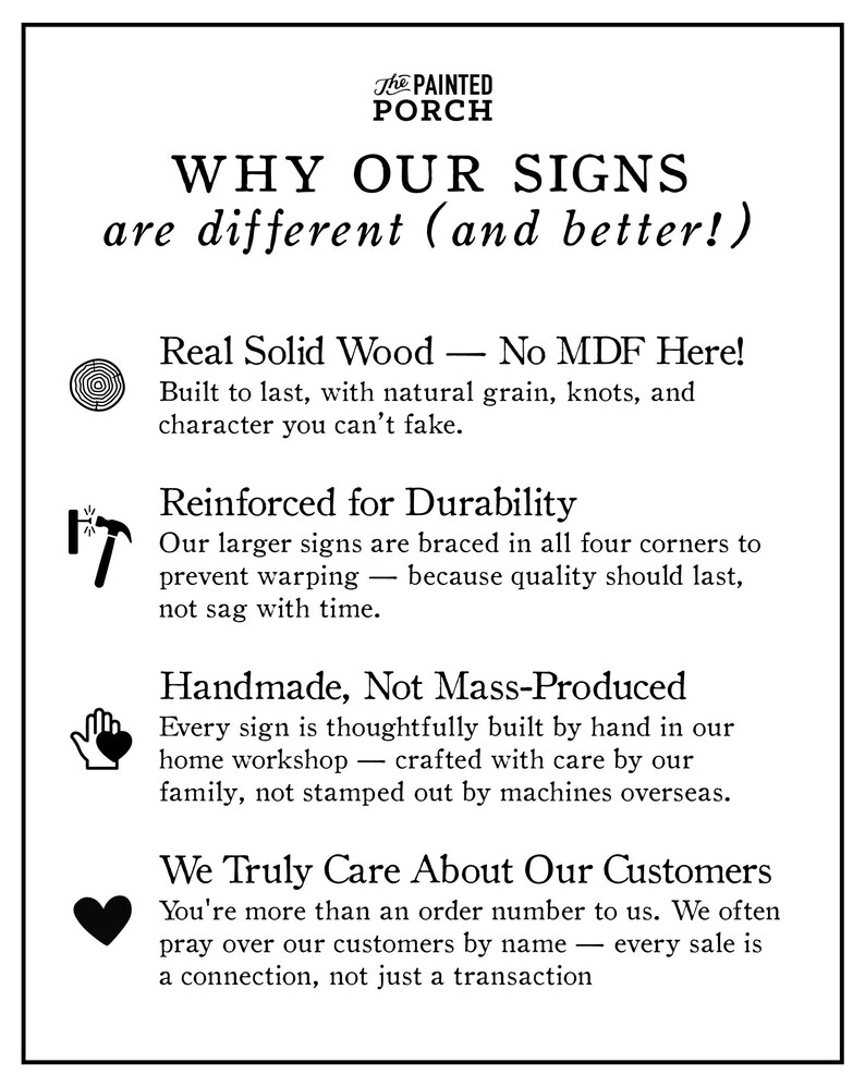 text and logos that describe the reasons for the differences in the signs, such as real solid wood, reinforced durability, handmade craftsmanship, and a focus on customer care.