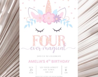 Unicorn 4th Birthday Invitation Template, Four Ever Magical Birthday Invite, Girls Magical Unicorn Glitter Party Invite, Digital Download