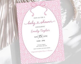 Pink Swirl Baby Shower Invitation, Coquette Bow Baby Shower Invite, Whimsical Pink Baby Shower Invitation, Canva Instant Download