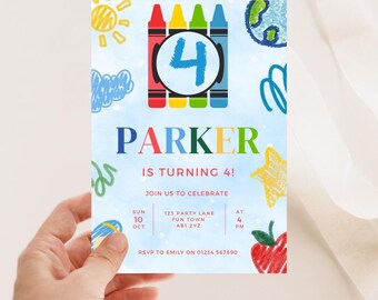 Editable 4th Birthday Invitation, Printable Colourful Crayon Themed Birthday Party Invite, Boys 4th Birthday Invite Custom Digital Download