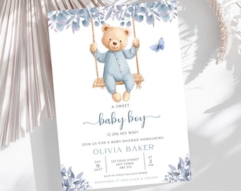 Blue Floral Baby Shower Invitation, Editable Teddy Bear Invite, Blue Boys Baby Sprinkle, Canva Instant Download