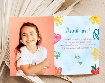 Digital Crayon Themed Thank You Card, Kids Party Printable, Personalised Photo Upload, Editable Thank You Note, Instant Download S142