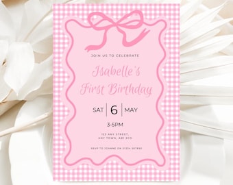 Girls Pink Gingham Bow Birthday Invitation Template, Editable Girls Pink Party Invite, Any Age, Instant Download, Digital Template