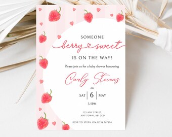 Berry Sweet Baby Shower Invitation Template, Editable Strawberry Theme Invite, Girl Pink Baby Shower, Digital Template, Instant Download