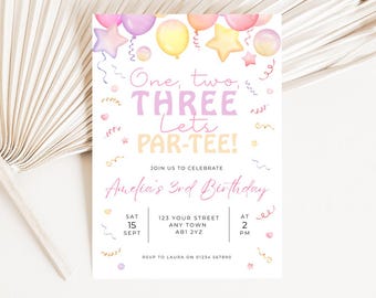 Editable Third Birthday Invitation, Girls 3rd Birthday Invite, Lets Partee Balloon Birthday Invitation, Digital Template, Instant Download