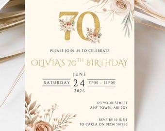Editable 70th Birthday Invitation, Floral Cream & Gold Party Invite, Canva Template
