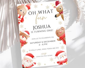 Christmas First Birthday Invitation Template, Editable Winter Holiday Party Invite, Kids December Birthday Digital Download, Santa Invite