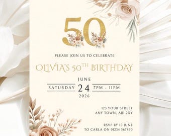 Faire-part modifiable pour 50e anniversaire, invitation à une fête florale crème et or, modèle sur toile