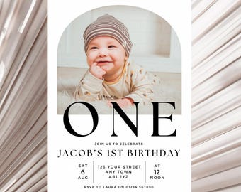 Minimalist First Birthday Invitation with Photo, Black & White Custom 1st Birthday Invite, Printable Modern Party Invite, Instant Download