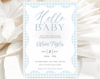 Blue Gingham 'Hello Baby' Baby Shower Invitation, Editable Baby Boy Baby Shower Invite, Blue Boys Baby Sprinkle, Canva Instant Download