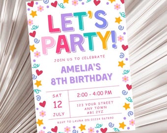 Colourful Party Invitation Template, Girls 'Lets Party' Birthday Invite, Bright Confetti Kids Party Invite, Any Age, Digital Download