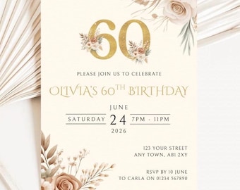 Editable 60th Birthday Invitation, Floral Cream & Gold Party Invite, Canva Template
