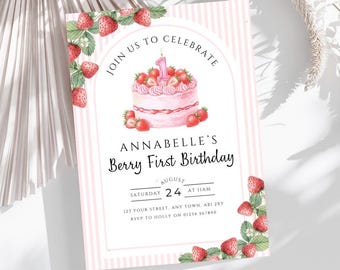Invito per il primo compleanno a tema Berry, invito per la festa del primo compleanno, modello per invito alla festa delle fragole, download digitale Canva