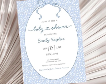 Blue Swirl Baby Shower Invitation, Coquette Bow Baby Shower Invite, Whimsical Blue Baby Shower Invitation, Canva Instant Download