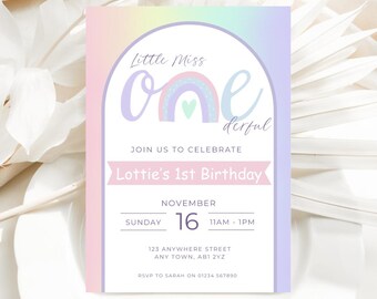 May include: A pastel-colored invitation card with the text "Little Miss One derful" and "Lottie's 1st Birthday." The design includes a rainbow and heart graphic. The date is November 16th, with the time from 11 AM to 1 PM. Includes address and RSVP information.