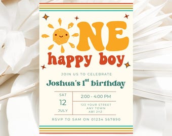 Editable Retro First Birthday Invitation, One Happy Boy Invite, Boys 1st Birthday Party Invitation Template, Canva Instant Download