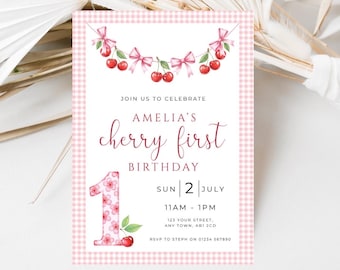 Editable Cherry First Birthday Invitation,  Girls 1st Birthday Invite, Cherry Sweet Birthday Party, Digital Template, Instant Download