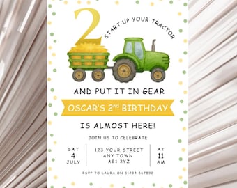 Second Birthday Tractor Invitation, Boys 2nd Birthday Invite, Editable Farm Birthday Party Invitation, Digital Template, Instant Download