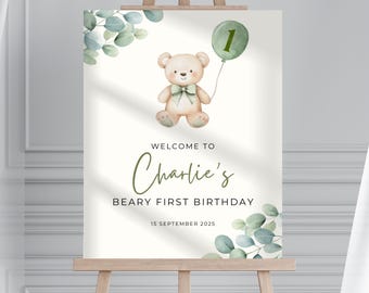 Beary First Birthday Welcome Sign, Editable Bear Birthday Sign, Woodland Party Template, Eucalyptus Baby 1st Birthday Printable Decor