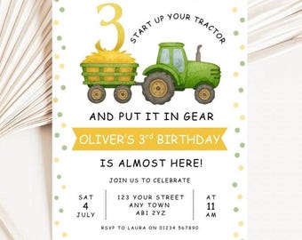Third Birthday Tractor Invitation, Boys 3rd Birthday Invite, Editable Farm Birthday Party Invitation, Digital Template, Instant Download