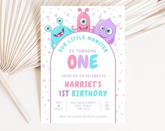 May include: A colorful birthday invitation with three cartoon monsters. The text reads "Our Little Monster is Turning One" and invites guests to celebrate Harriet's 1st Birthday. Includes date, time, and RSVP information.