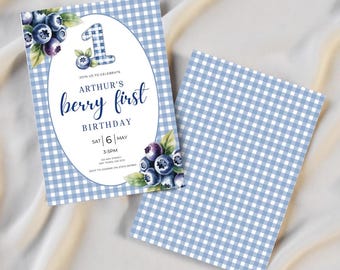 Editable Blueberry First Birthday Invitation, Boys Girls 1st Birthday Invite, Berry Sweet Birthday Party, Digital Template, Instant Download