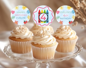 Crayon Doodle Cupcake Toppers, Printable Colourful Crayon Themed Birthday Party Cupcake Topper Template, Printable Party Decor S142