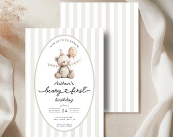 Teddy Bear 1st Birthday Invitation Template, Boys Beary First Birthday Invite, Neutral Digital Party Invitation Template, Instant Download