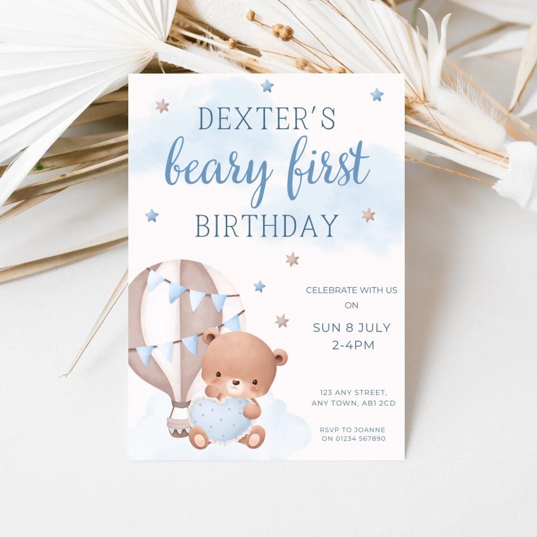 Editable Teddy Bear 1st Birthday Invitation Template, Printable Beary ...