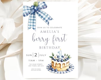 Editable Blueberry First Birthday Invitation,  Girls 1st Birthday Invite, Berry Sweet Birthday Party, Digital Template, Instant Download