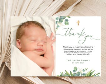 Editable Photo Christening Thank You Card, Printable Baptism Thank You Note, Personalised Digital Download, Eucalyptus Green Photo Template