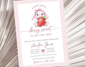 Berry Sweet Baby Shower Invitation Template, Editable Strawberry Theme Invite, Girl Pink Baby Shower, Digital Template, Instant Download