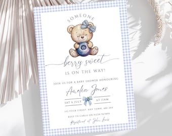 Blueberry Sweet Baby Shower Invitation Template, Editable Blueberry Theme Invite, Girl Baby Shower, Digital Template, Instant Download