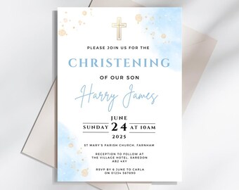 Editable Christening Invitation Template, Boys Blue Baptism Invite, Printable Christening Party Invite, Canva Digital Download