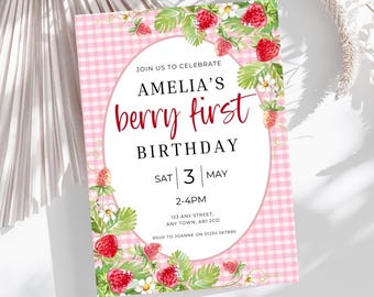 Berry First Birthday Invitation, First Birthday Party Invite, Strawberry Party Invitation Template, Canva Digital Download