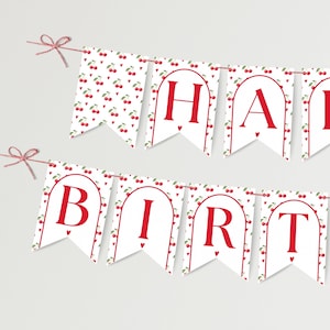 Könnte beinhalten: Ein weißes Banner mit roten Buchstaben, die "HAPPY BIRTHDAY" buchstabieren. Das Banner ist mit einem Kirschmuster und roten Herzakzenten verziert. Das Banner ist mit Bindfaden aufgereiht.