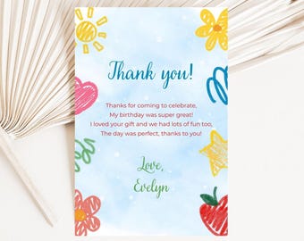 Digital Crayon Themed Thank You Card, Kids Party Printable, Instant Download, Colourful Thank You Note, Art Party Card, Canva Template S142