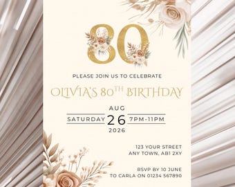 Editable 80th Birthday Invitation, Floral Cream & Gold Party Invite, Canva Template